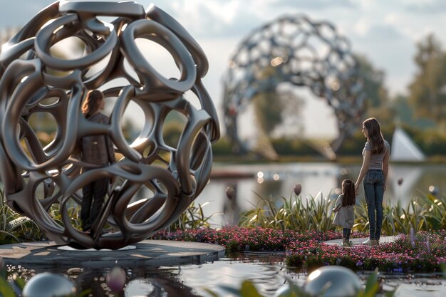 Photo mère et fille explorant un jardin de sculptures