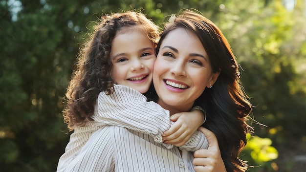 Une mère et une fille heureuses se serrent dans les bras.