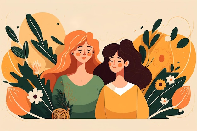 Mère et fille sur une illustration de fond floral pour la fête des mères Generative ai
