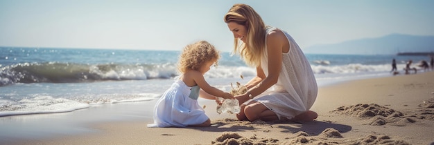 Mère et fille jouant sur la plage