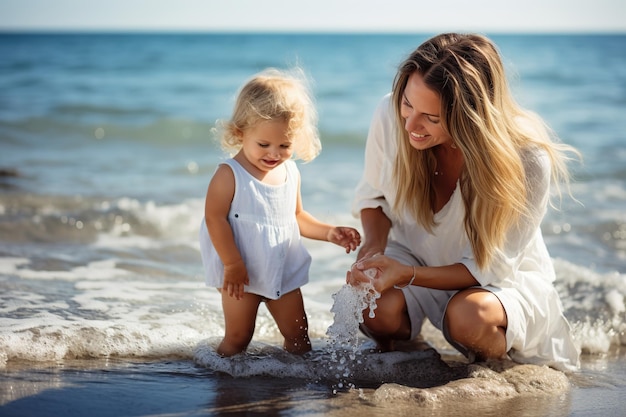 Mère et fille jouant sur la plage