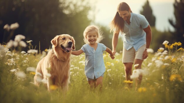 Mère et fille jouent avec le chien sur le champ d'été