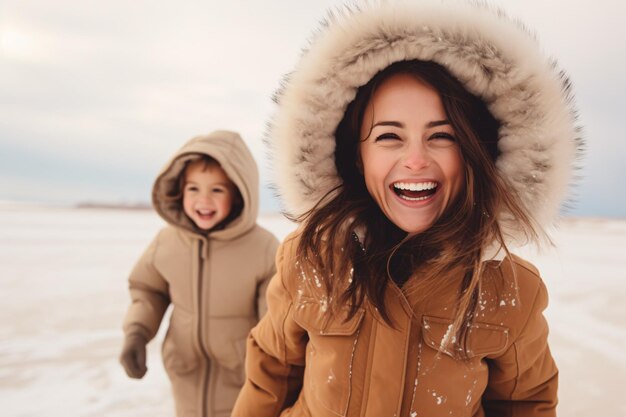 Une mère et une fille latines joyeuses profitent des activités hivernales sur la plage.