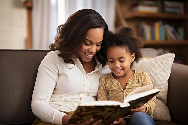 mère et fille lisant un livre sur un canapé