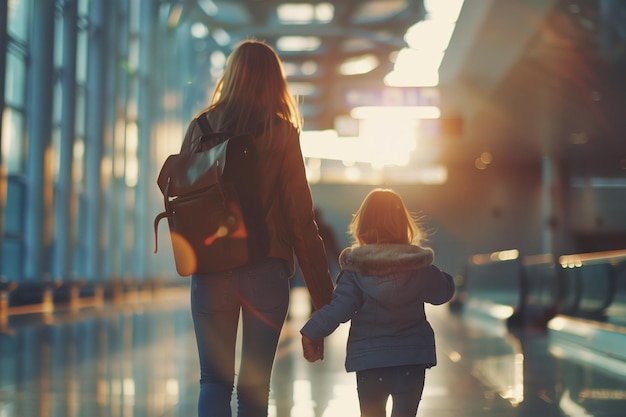 Photo mère et fille marchant ensemble à travers le terminal de l'aéroport avec une vue arrière du sac à dos