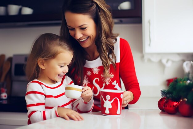 Mère et fille passent du temps ensemble dans une cuisine décorée de décorations de Noël