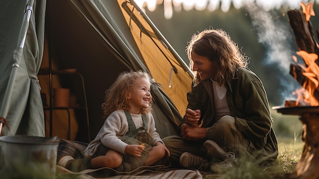 Mère et fille passent du temps ensemble dans une tente de camping à la campagneCréé avec la technologie Generative AI