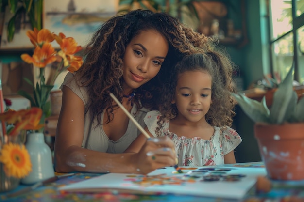 Photo mère et fille peignent ensemble