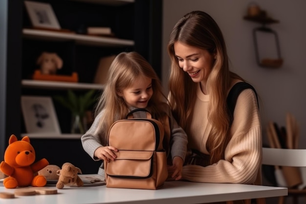 Mère et fille préparant un sac pour l'école AI Generative