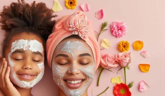 Photo mère et fille profitant d'un traitement de soins de la peau à la maison femme souriante en faisant de la crème sur le visage