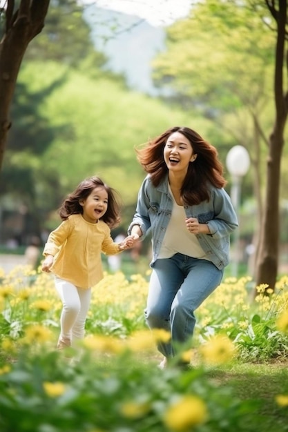 une mère et une fille qui courent dans un champ de fleurs