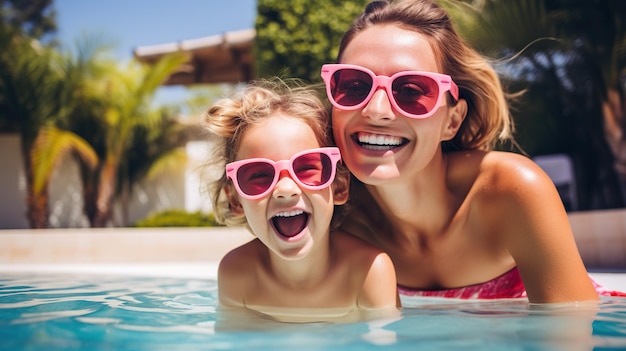 Mère et fille qui rient avec des lunettes de soleil qui s'amusent dans la piscine pendant les vacances d'été