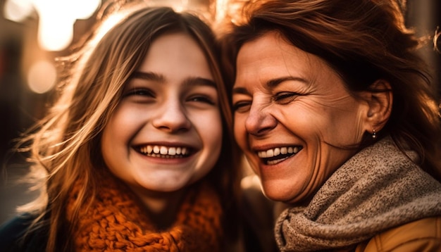 Mère et fille s'embrassent dans la nature automnale générée par l'IA