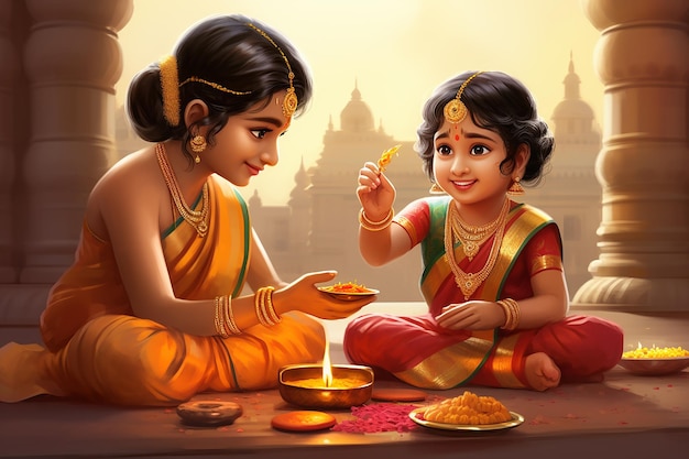 mère et fille en saree faisant Diwali illustration douce