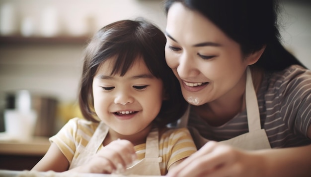 Mère et fille se liant dans la cuisine domestique profitant de la convivialité générée par l'IA