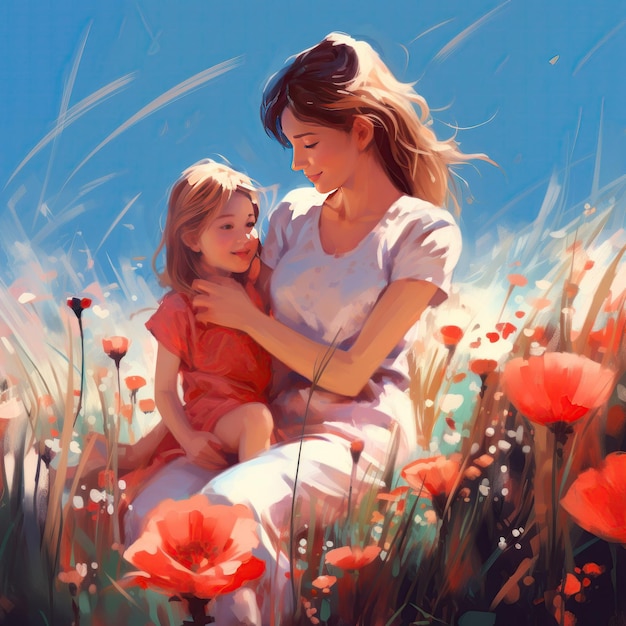 Mère et fille se serrent dans les bras Famille Amour et campagne Paysage Nature Champ de fleurs Belle enfant
