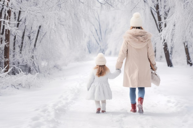 Photo mère et fille se tenant par la main en marchant dans un parc enneigé moments familiaux d'hiver illustration d'ia générative