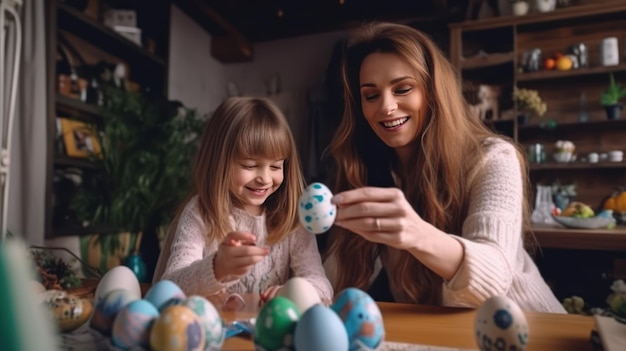 mère et fille sourient en peignant des œufs de Pâques