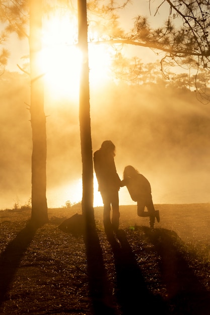 Mère, fille, sous, pinède, matin