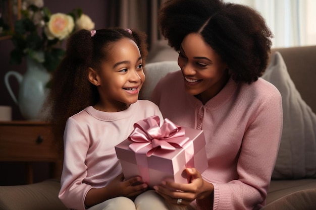 une mère et une fille tenant un cadeau avec un nœud rose