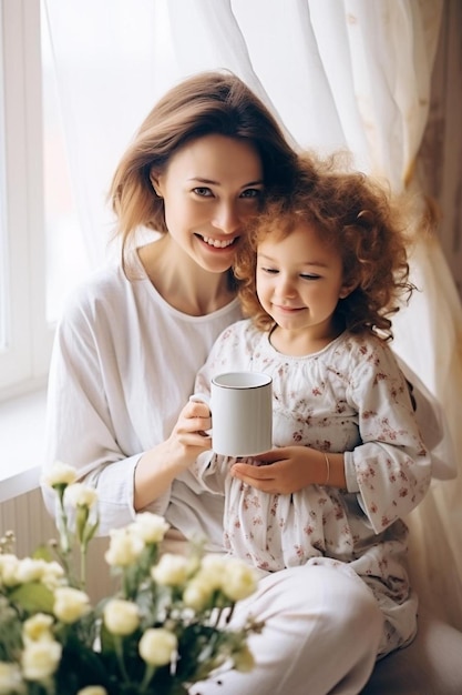 mère et fille tenant une tasse de thé