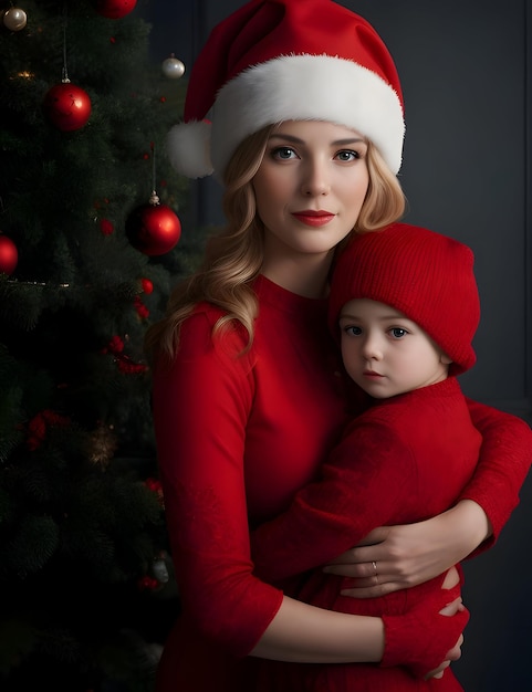 Mère et fille en vêtements rouges sur le fond de l'arbre de Noël généré avec ai