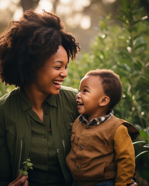 Mère et fils afro-américains assis ensemble dans un champ