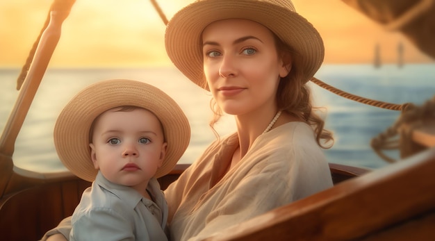 Une mère avec un fils dans un bateau