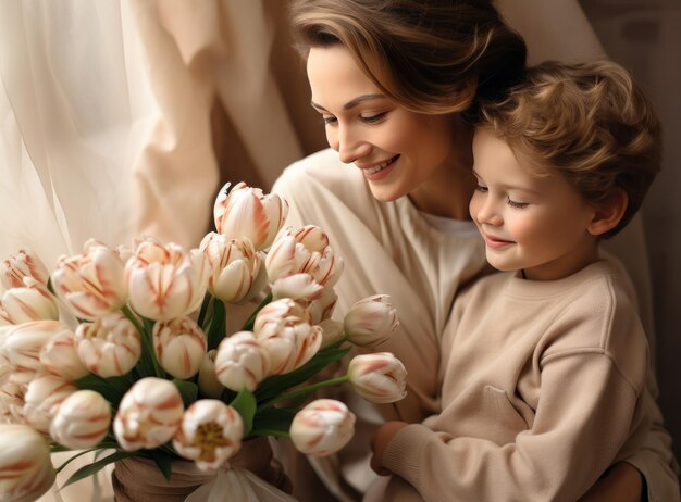 Mère avec fils avec des fleurs