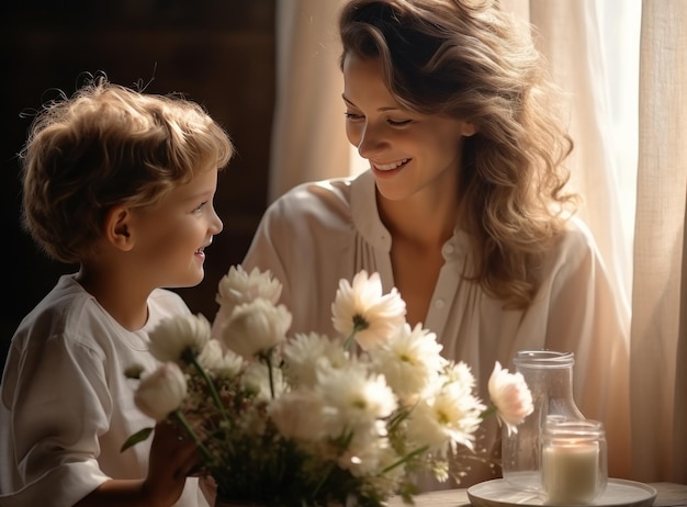 Mère avec fils avec des fleurs