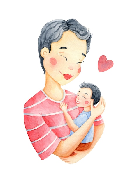 Mère fils illustration aquarelle maman et garçon carte enfant fête des mères famille boho imprimer famille asiatique