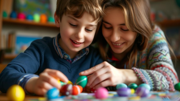 Mère et fils peignent des œufs de Pâques projet d'enfants de printemps DIY à la maison