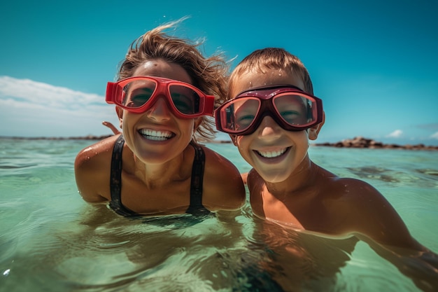 Mère et fils à la plage avec des lunettes de plongée