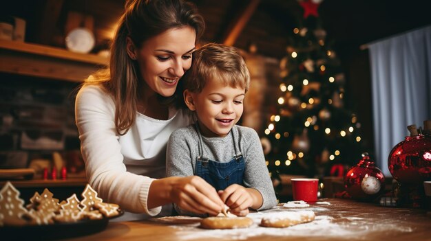 Mère et fils préparent des biscuits de Noël à la maison