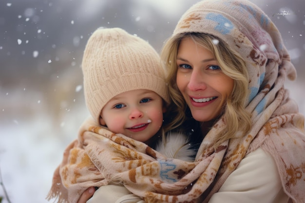 Mère et fils profitant de l'hiver en plein air