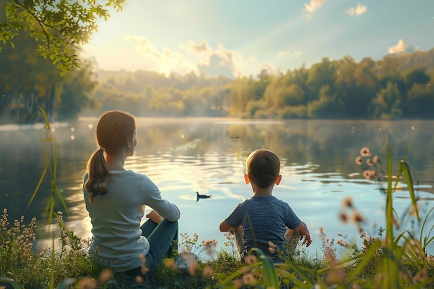 Mère et fils profitent d'un moment de paix au bord de la l