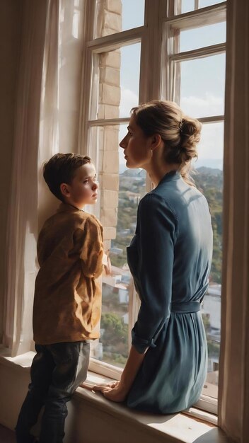 La mère et le fils regardent par la fenêtre.