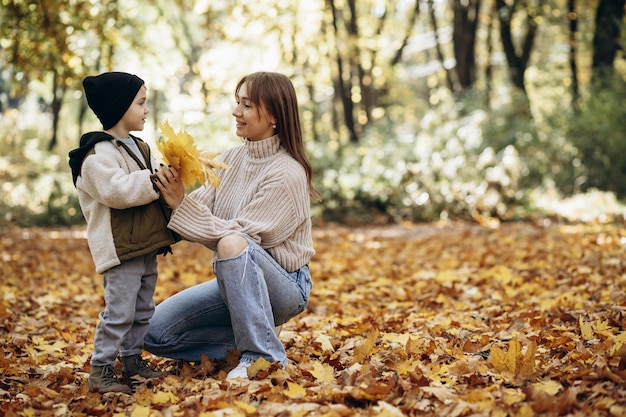 Mère avec fils s'amusant dans un parc automnal jouant avec des feuilles