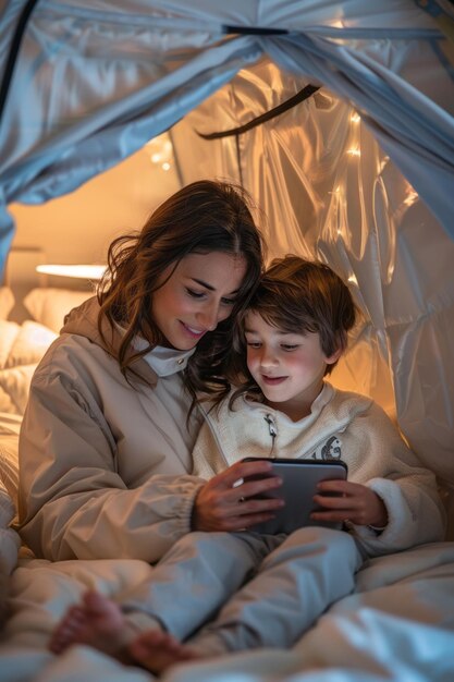 mère et fils s'amusant en regardant une vidéo sur la tablette à l'intérieur d'une tente confortable à la maison