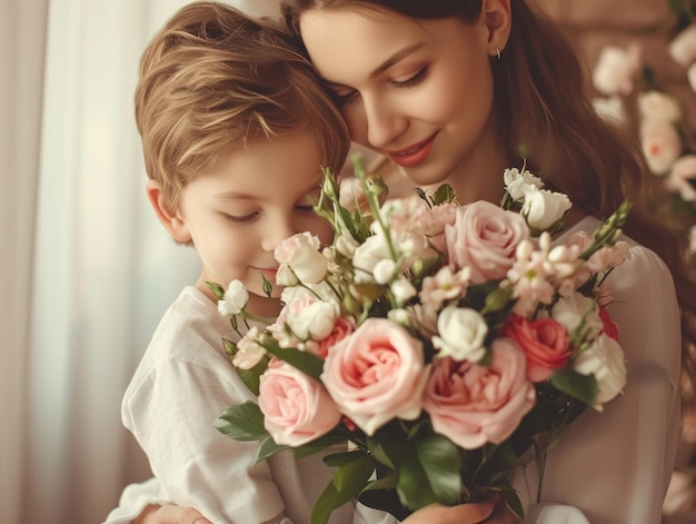 mère et fils tiennent un bouquet de fleurs