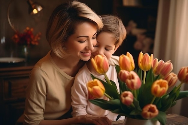 une mère et un fils tiennent des fleurs devant une photo d'une mère et d'un enfant