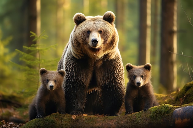 Mère grizzli et petits dans la forêt