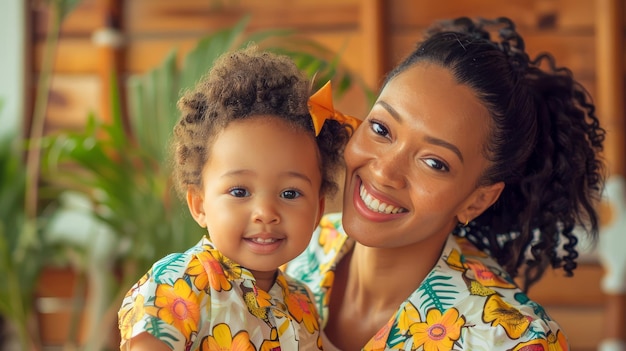 Photo une mère heureuse embrasse sa fille souriante vêtue de fleurs assorties dans un cadre intérieur chaleureux