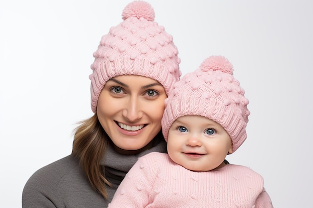 Mère heureuse avec un enfant sur fond blanc dans un chapeau et une veste