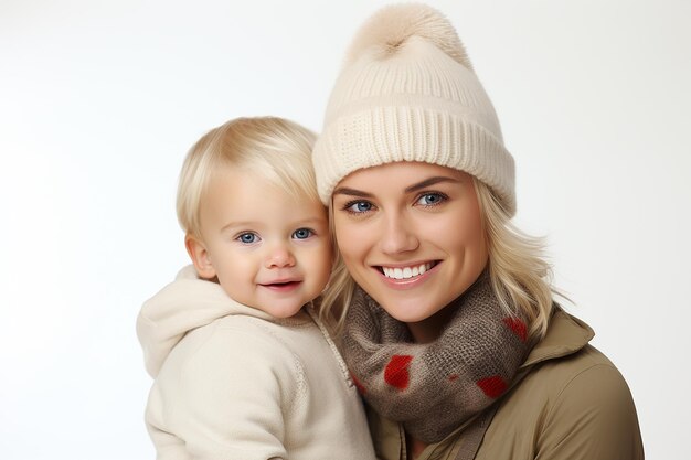 Mère heureuse avec un enfant sur fond blanc dans un chapeau et une veste