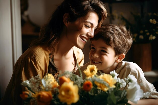 Photo la mère heureuse et le petit fils sont assis dans la pièce à la table souriant en parlant en riant jour d'amour