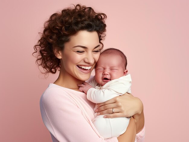 Photo une mère heureuse souriante et un petit nouveau-né isolés sur un fond rose et bleu