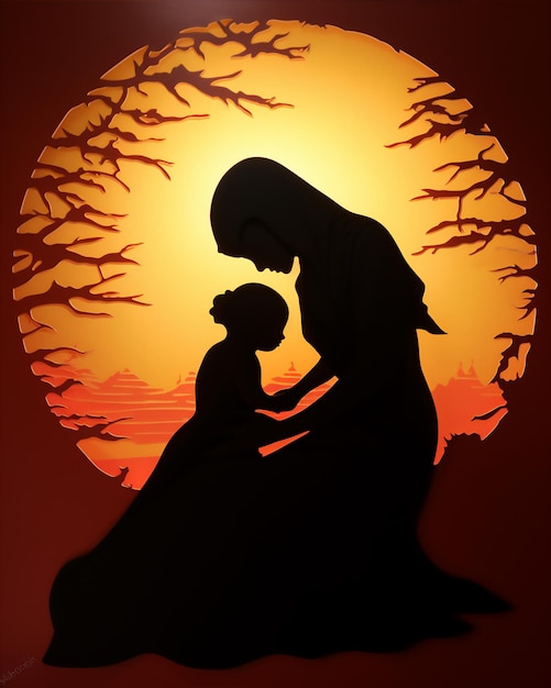 mère en hijab avec sa silhouette de bébé en gros plan au coucher du soleil art découpé en papier soleil géant