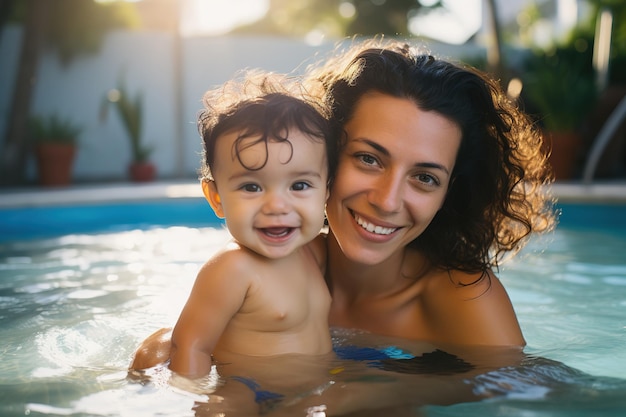 Une mère hispanique et son bébé nagent dans une piscine en souriant, séance photo en famille