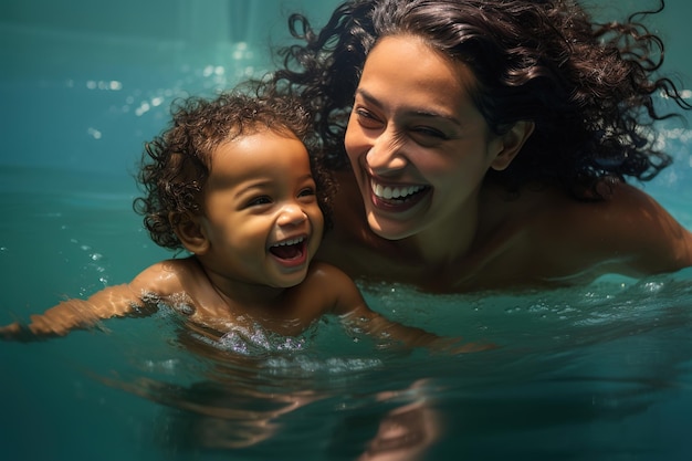 Une mère indienne et son bébé nagent dans une piscine, séance photo familiale souriante